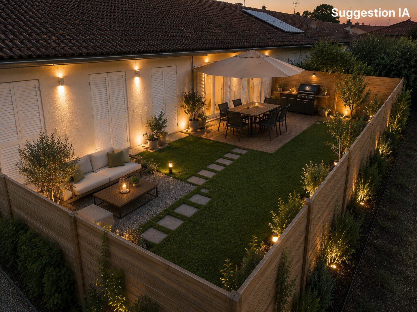 Projection générée par IA d'un jardin agrandi et aménagé à l'arrière de la maison, Pessac